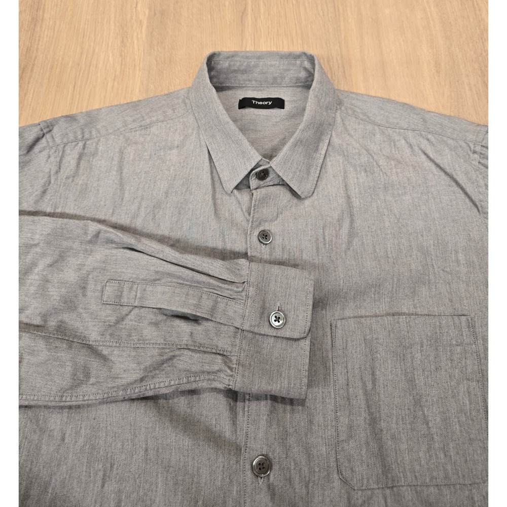 Theory Mens Button Up Casual Long Sleeve Shirt Flannel Medium Gray Cotton Pocket